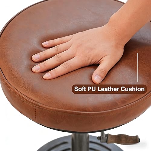 Miniatura 3 de LOKKHAN Taburete de bar industrial vintage estilo steampunk americano, estilo retro, base de hierro fundido giratoria, parte superior de cuero Base