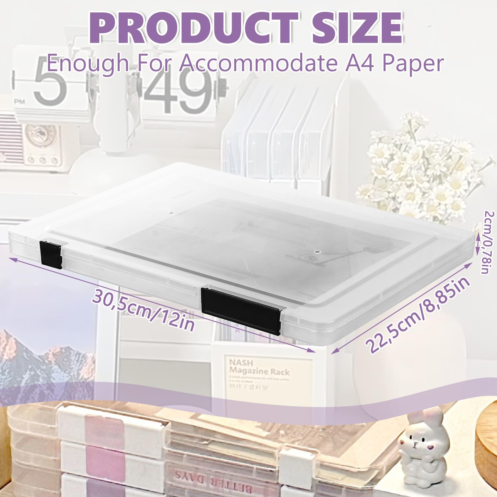 Pack de 6 Cajas Transparentes A4 para Archivo, Caja Plastico y Documentos con Cierre de Hebilla Cajas de Almacenamiento Portatiles A4 para Oficina Escuela y Hogar 30.5x22.5x2 cm