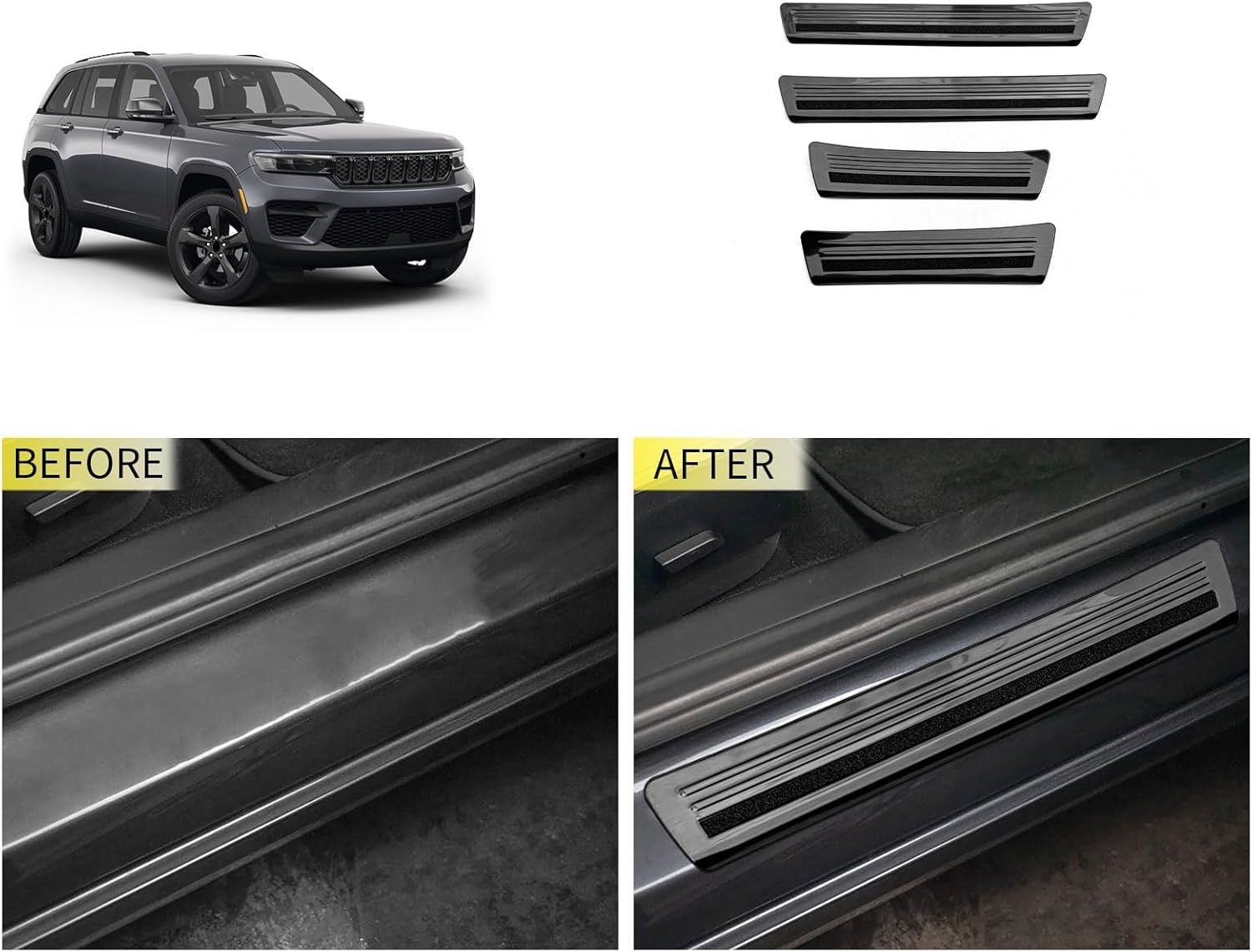 Entry Guards Cover Compatible with Jeep New Grand Cherokee 2026 2025 2024 Outside Door Sills Guard Sills Protector Trim Interior Car Accessories Stainless Steel 4PC(Black Brushed Finish)