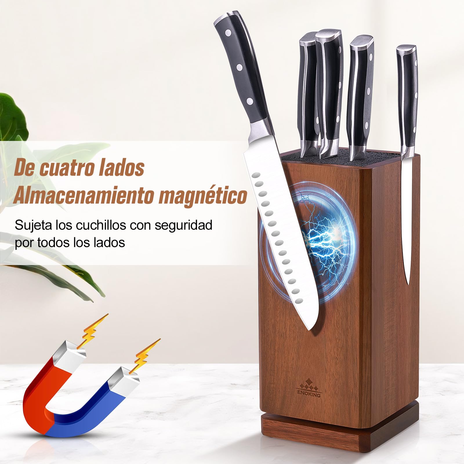 ENOKING Soporte Cuchillos Cocina Giratorio 360°, Porta Cuchillos Cocina con Cerdas, Soporte Cuchillos de Madera de Acacia, Organizador Cuchillos Magnético para Cuchillos y Utensilios