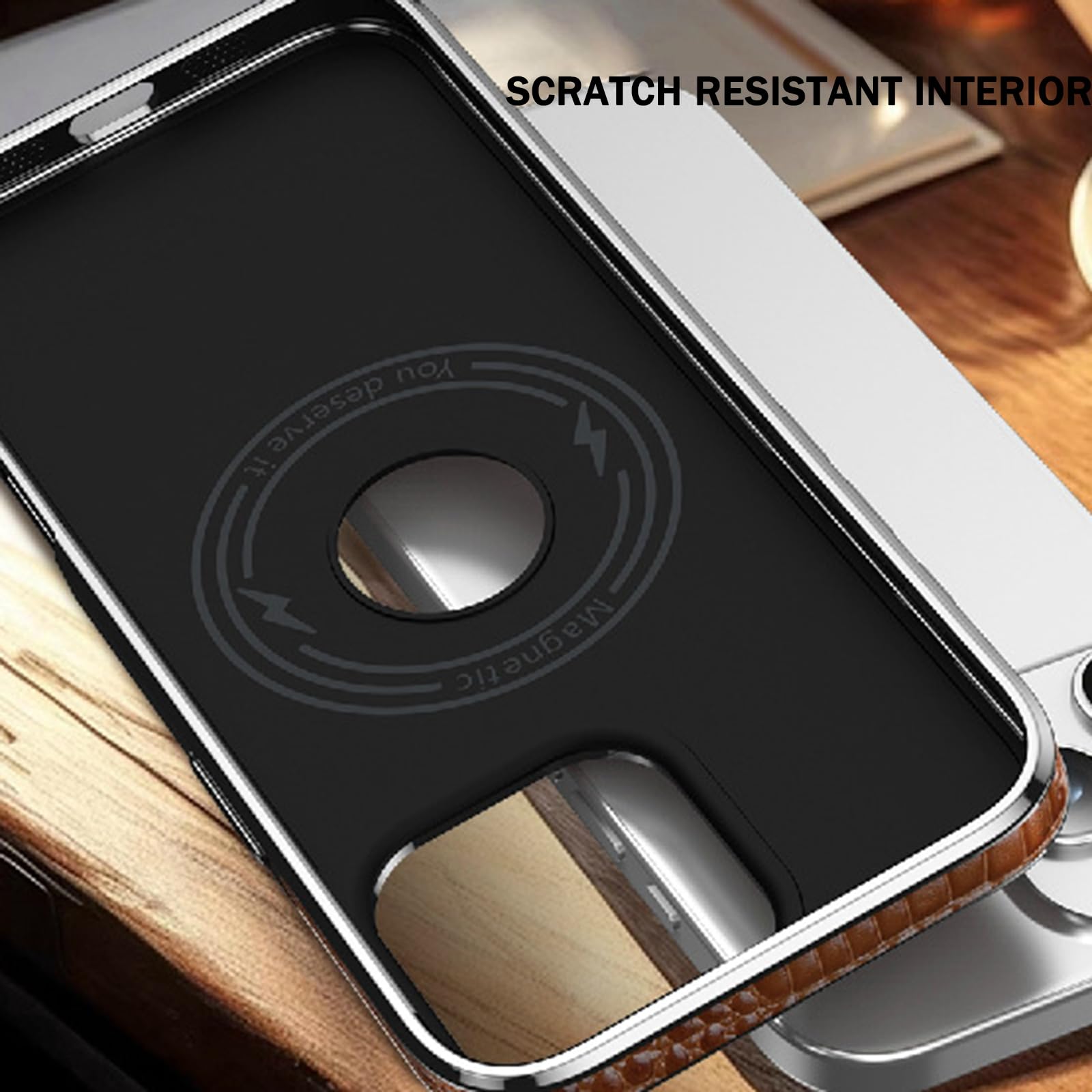 Etui z prawdziwej skóry do iPhone'a 16 Pro Max/16 Pro/16, lekka luksusowa tekstura krokodyla magnetyczne bezprzewodowe etui ładujące, logo, puste, brązowe, 16 Pro