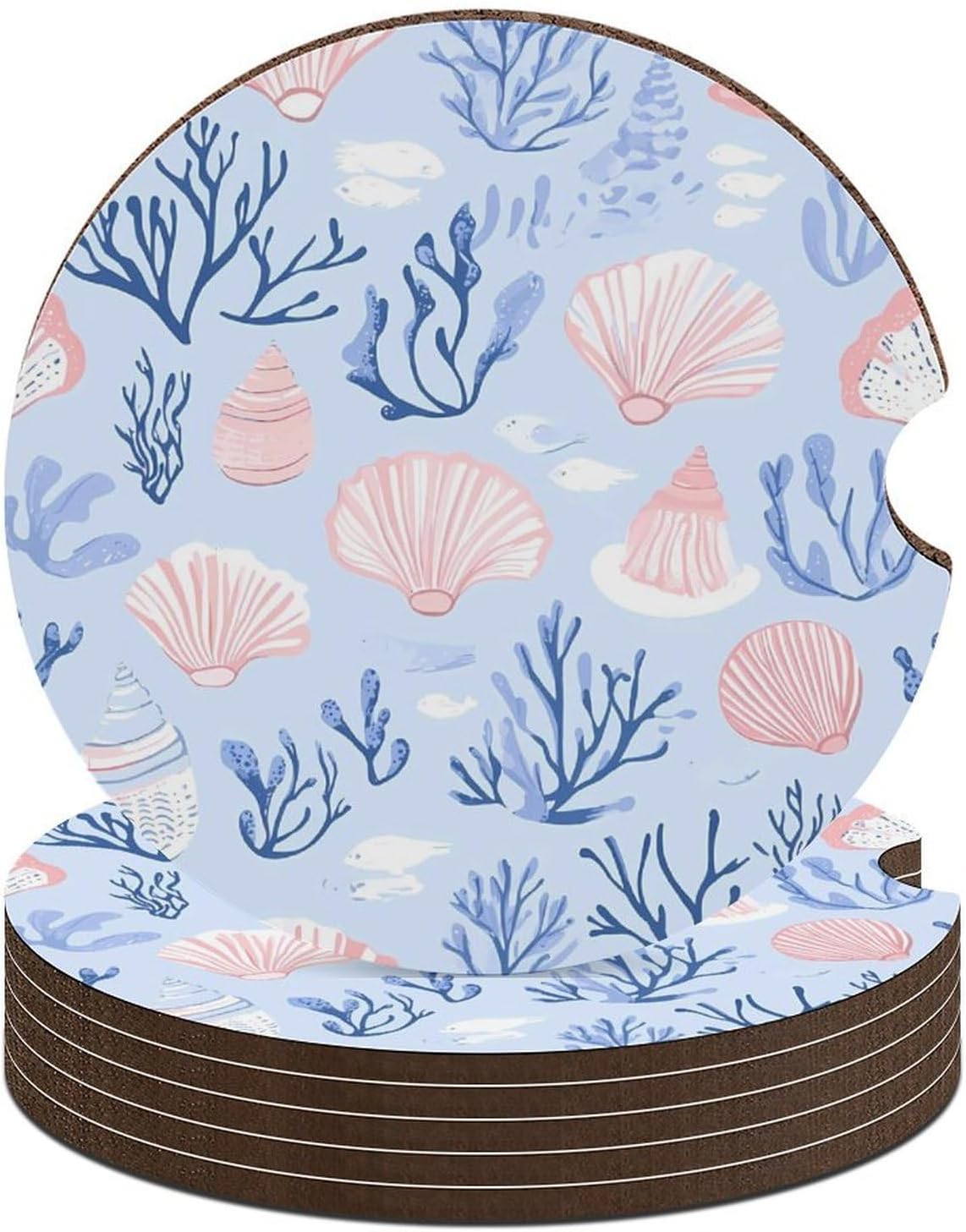 Colorful Seashells and Corals Cute Car Coasters 2.56 Inch Absorbent Cup Holder for Drinks Auto Interior Accessories