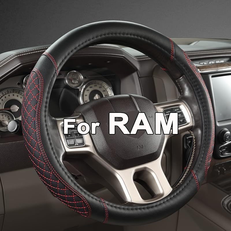 Capa para Volante West Llama em Couro PVC com Costura Diamantada Preta e Vermelha para Dodge RAM 1500, 2500 e 3500, 39,4–40,6 cm