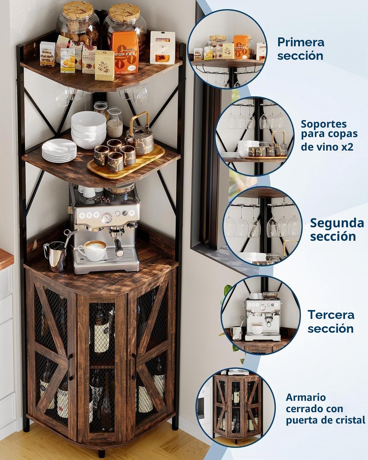 Zstar Armario De Vino Esquinero con Iluminación RGB, Estantes Ajustables y Portavasos, Almacenamiento para 12 Botellas, Diseño Multifuncional De Metal y Madera, Ideal para Hogar y Bar