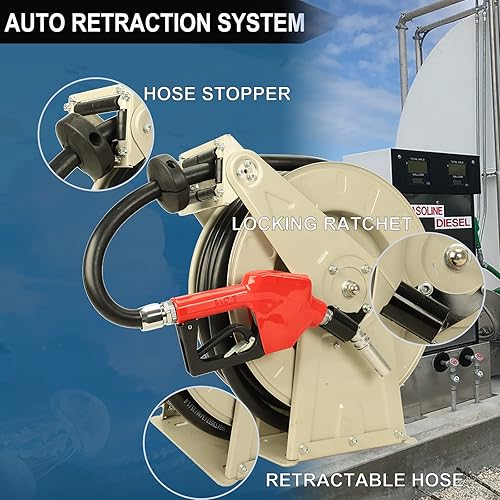 Miniatura 2 de Carrete de manguera de combustible diésel retráctil de 1 pulgada x 50 pies, impulsado por resorte, rebobinado giratorio automático, industrial,