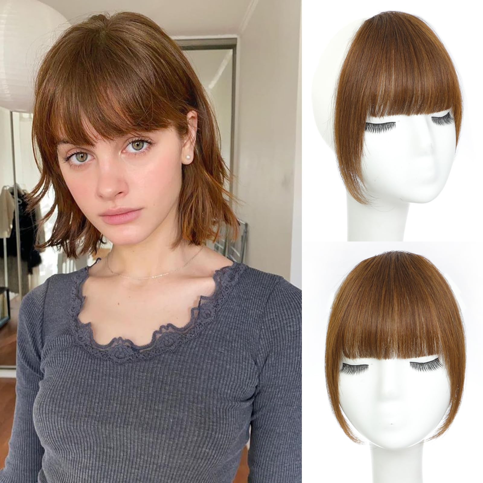 Clip in Bangs Real Human Hair Medium Brown French Bangs Fringe with Temples Thick Curtain Bangs Clip on Bangs Curved Fake Bangs Hairpieces for Women for Daily Wear