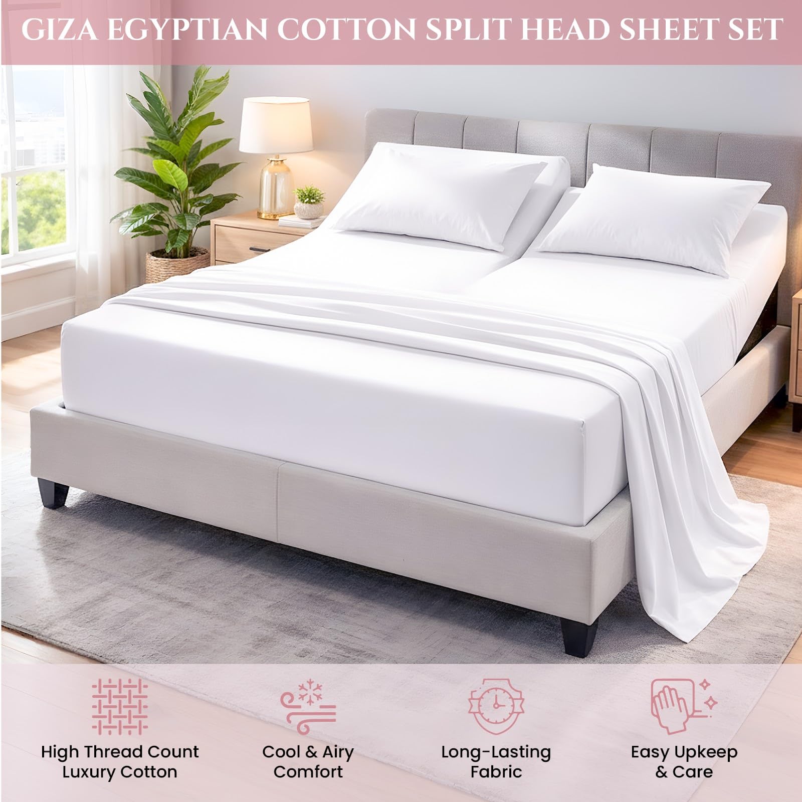 MyGiza Sheets Zestawy prześcieradeł z elastyczną głowicą King do regulowanych łóżek, 100% certyfikowana bawełna Giza Split King 81 cm prześcieradła puchowe pasują do materaca o głębokości 40 cm, białe