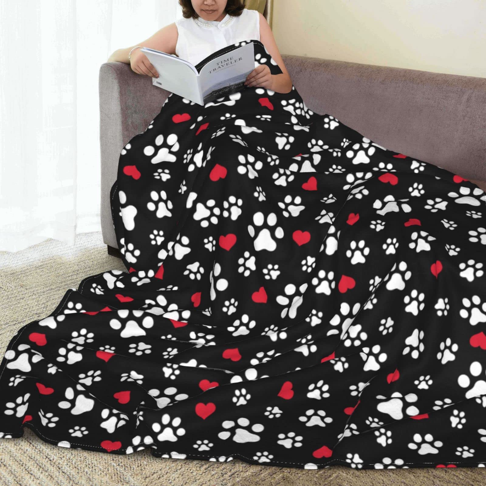 Coperta in pile con zampa di cane, gatto, cuore, cuore, per letto, divano, coperta in pile, leggera, morbida e accogliente, 127 x 101,6 cm