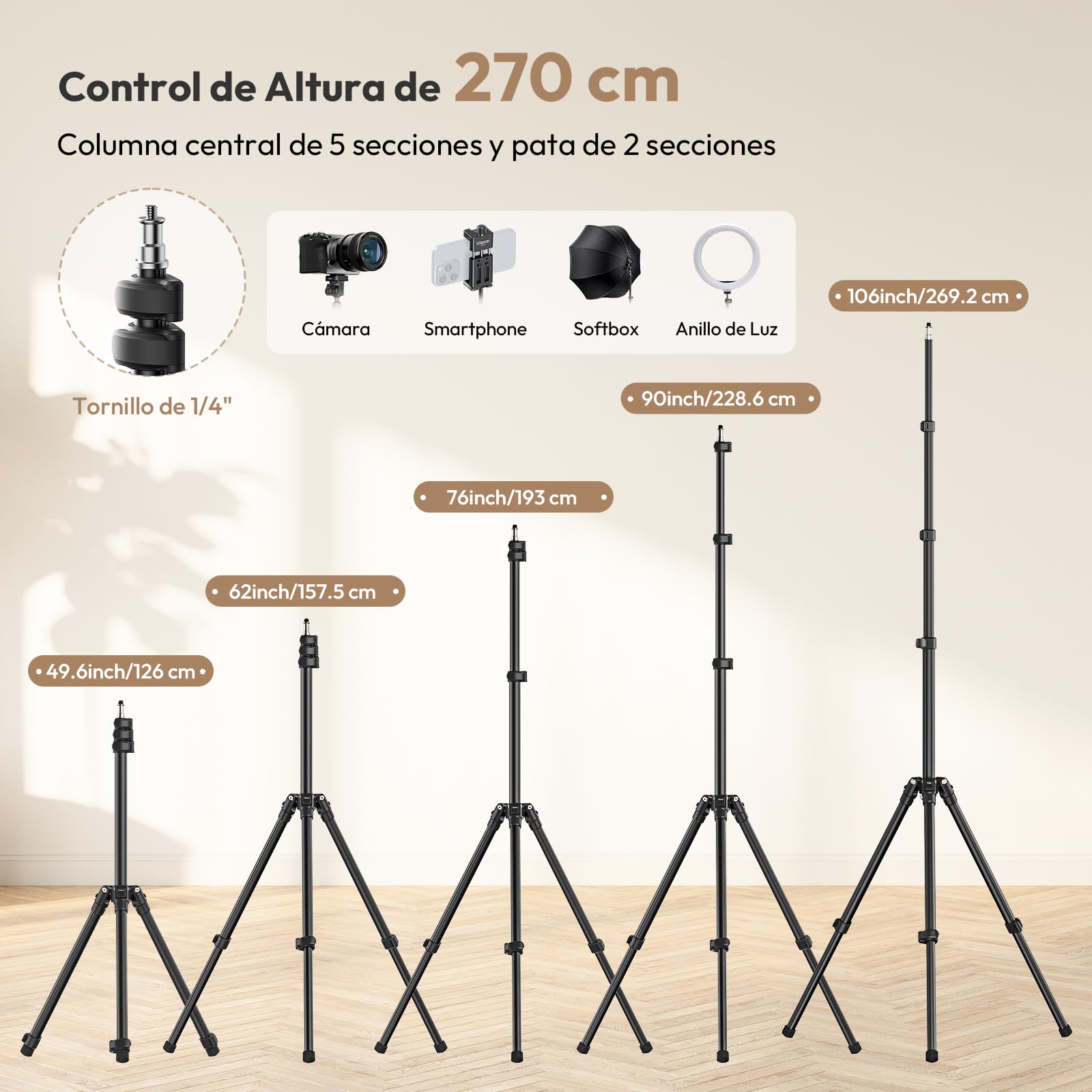 ULANZI Soporte de Luz T270, Trípode de Luz Ajustable para Fotografía de 270 cm, Trípode de Aluminio Portátil de Iluminación de Estudio para Softbox, Cámara, Reflector, Luz Estroboscópica