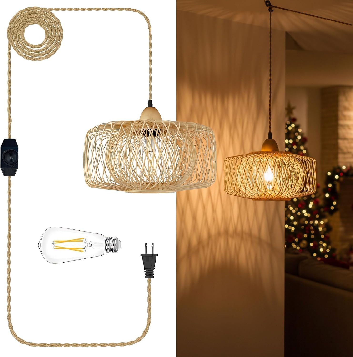 Plug in Pendant Light, Bamboo Hanging Light with Plug in Cord 15ft Dimmable Cord, 12inch Rattan Lamp Shade, Boho Wicker Basket Light Fixture for Farmhouse Living Room Bedroom Dining Room