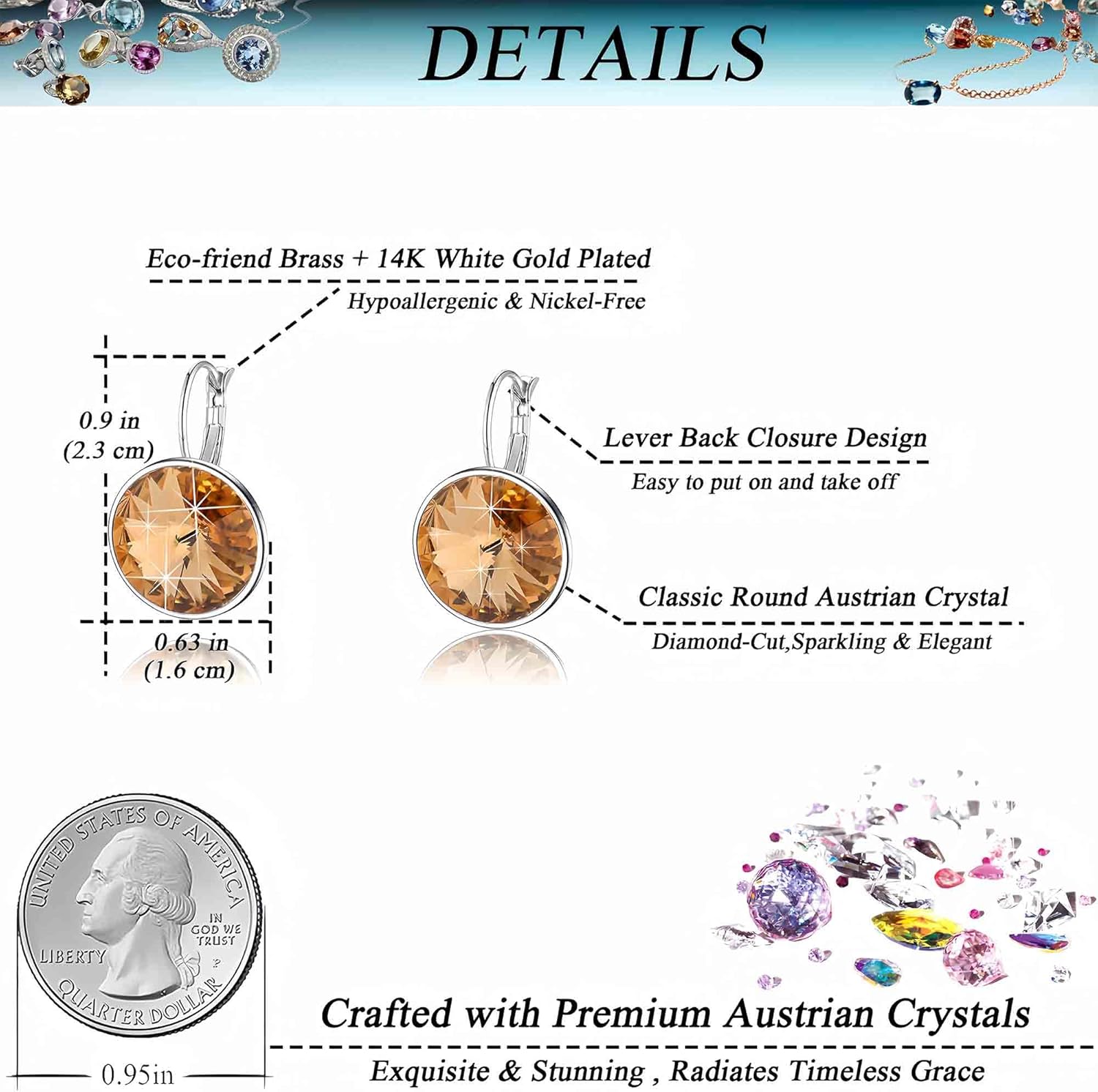 Austrian Crystals Round Drop Leverback Earrings for Women 14K Gold Plated Hypoallergenic Hoop Earrings - Image 4