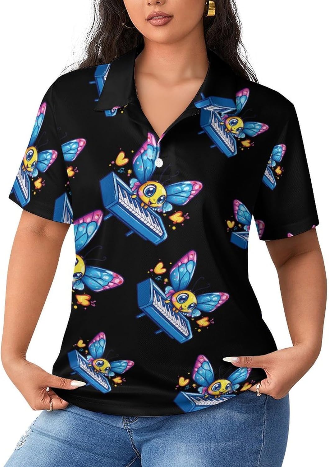 Butterfly Playing Piano Womens Golf Polo Shirts Summer Short Sleeve Collared 3 Buttons T Shirt Activewear Tops