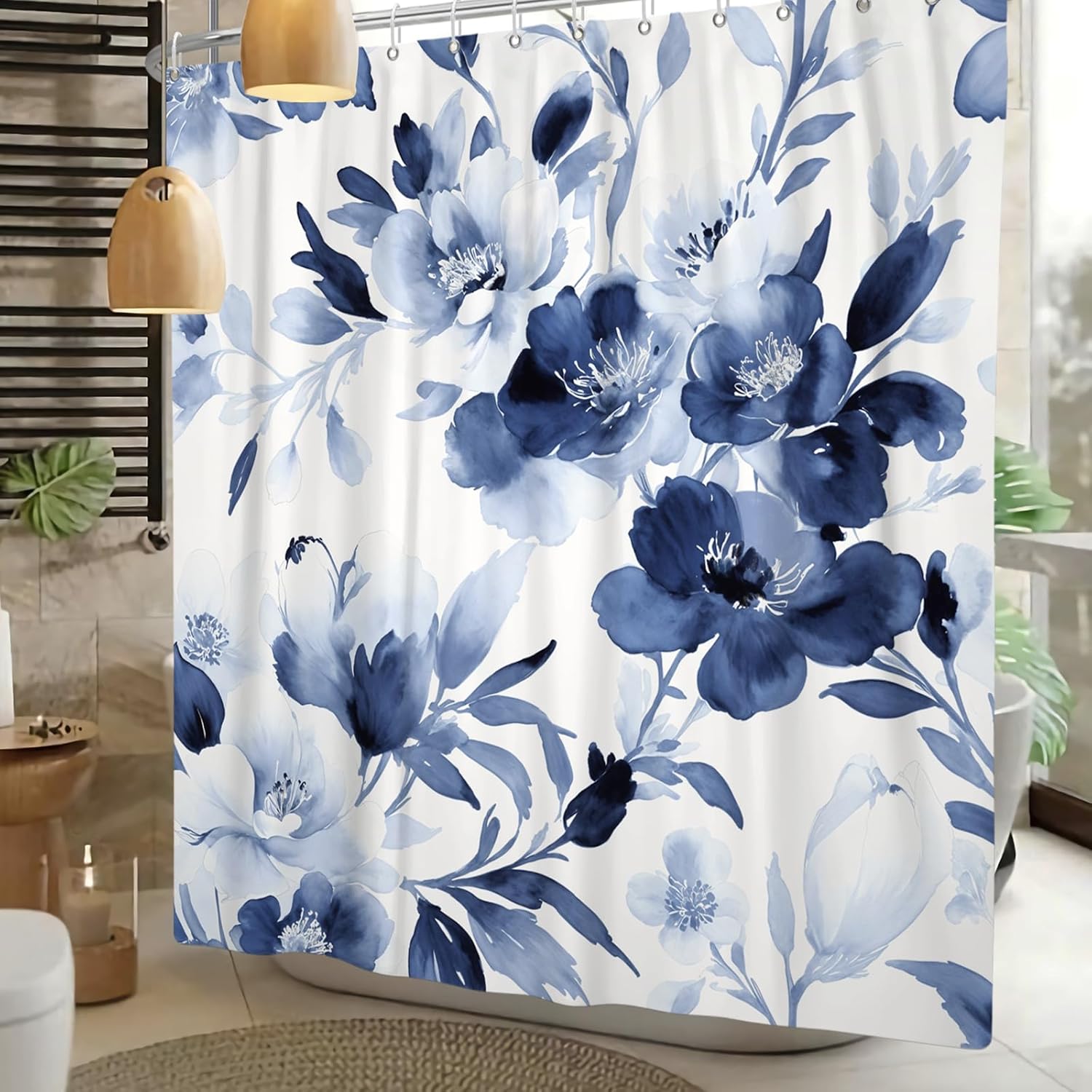 Navy Blue Floral Blossom Shower Curtain Ink Plant Watercolor Flower Printed Bath Curtain Waterproof Washable Fabric Bathroom Bathtub Decor Shower Curtain Set with Hooks 72x84 Inch