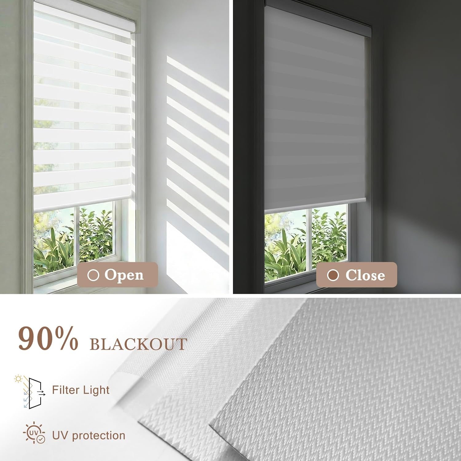 Motorized Zebra Blinds, Automatic Shades for Indoor Windows Work with HomeKit, Alexa, Google Home, Customized Electric Blinds with Remote, App, Voice Control, 90% Blackout Greyish White