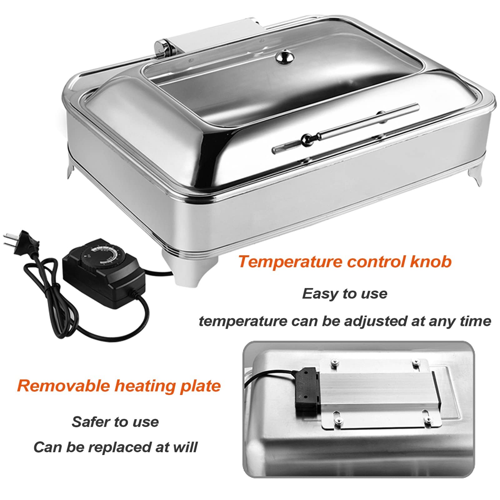 Chafing Dish Elettrico 9L Scaldavivande Professionale per Buffet, Chafing Dish in Acciaio Inox con on Coperchio in Vetro Trasparente per Buffet, Feste e Banchetti, Temperatura Regolabile