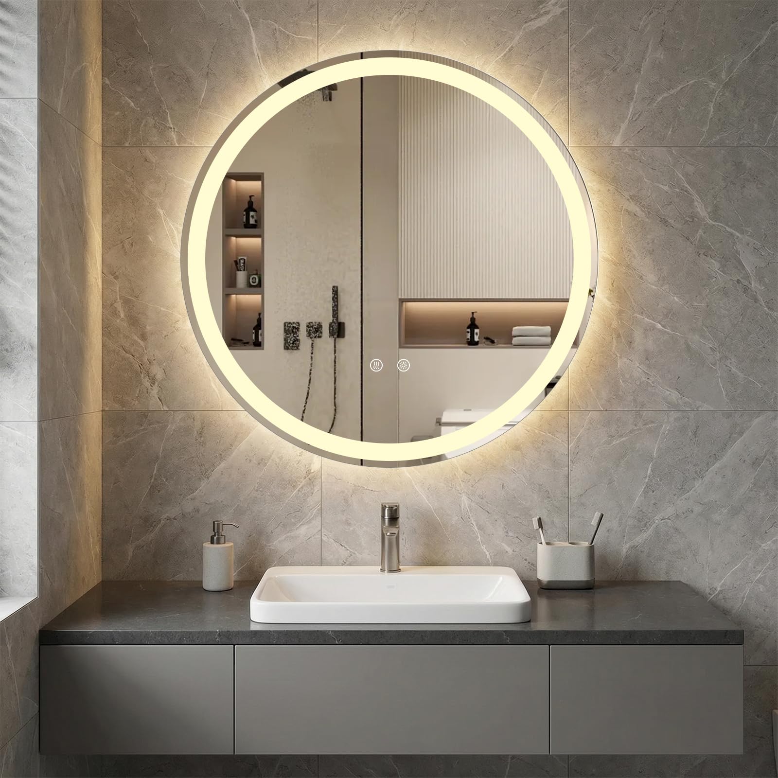 COSTWAY 600mm/700mm Round Bathroom Mirror with LED Lights, Frontlit+Backlit Illuminated Wall Mounted Vanity Mirror with Anti-Fog, 3-Color Dimmable & Memory, Tempered Glass Makeup Wall Mirrors (60cm)