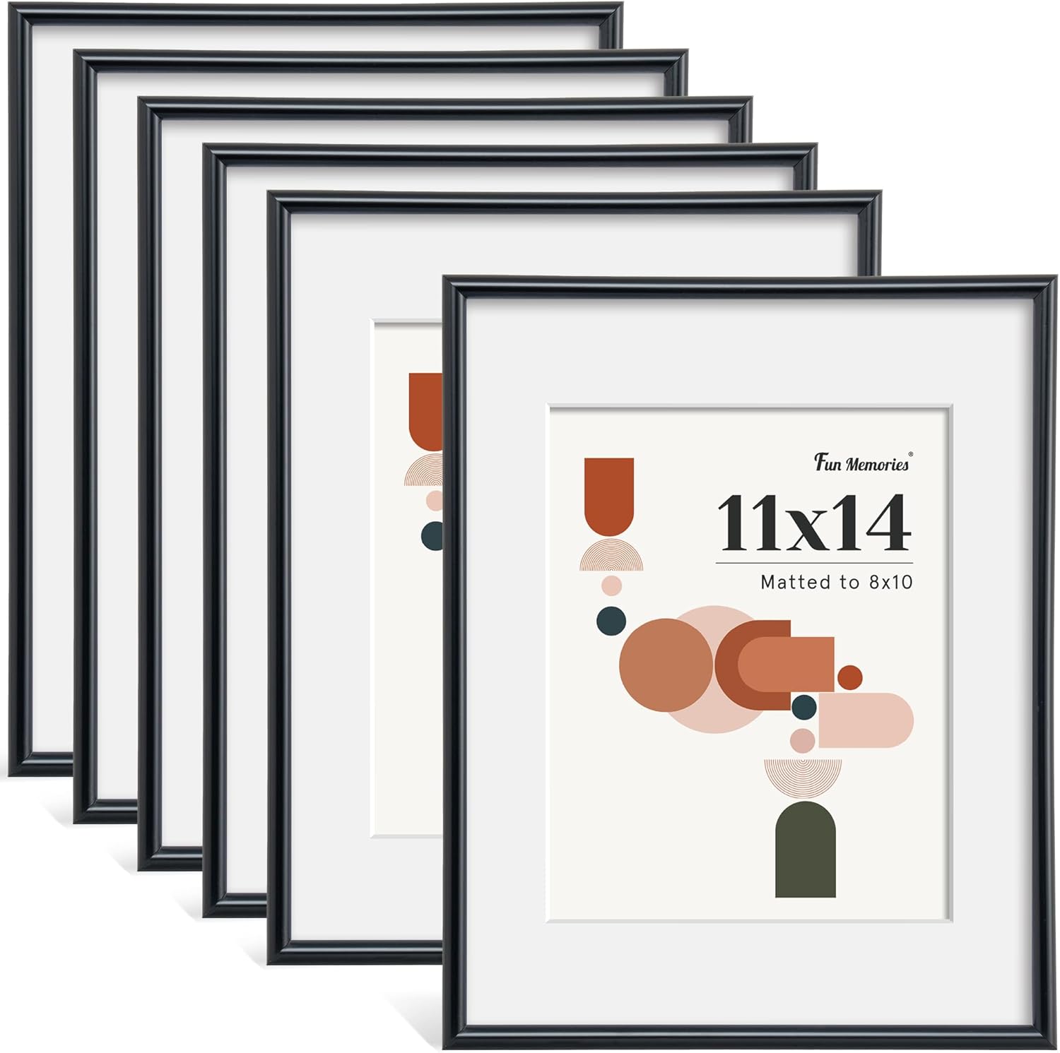 Fun Memories 11x14 Picture Frame Set of 6, Display 8x10 With Mat or Without Mat, HD Plexiglass, Wall or Tabletop Display, Wall Hook Included, Black Black 11x14-6P