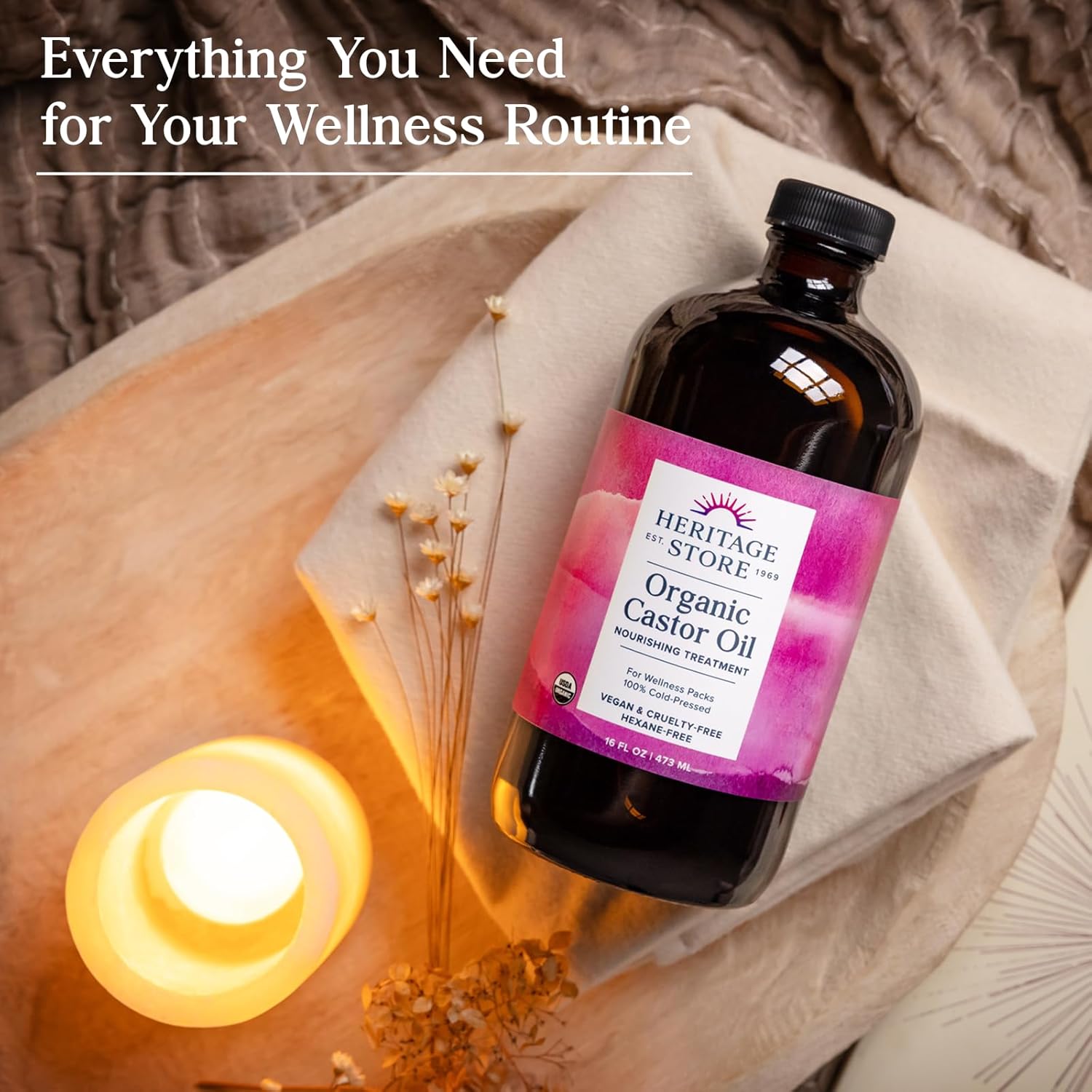 HERITAGE STORE Organic Castor Oil Pack Wrap Kit - Soothing Castor Oil Packs, Heat Compress for Abdomen, Joints, Overall Health - 16oz Cold Pressed Organic Castor Oil and 12 x 27 in. Wool Flannel Cloth