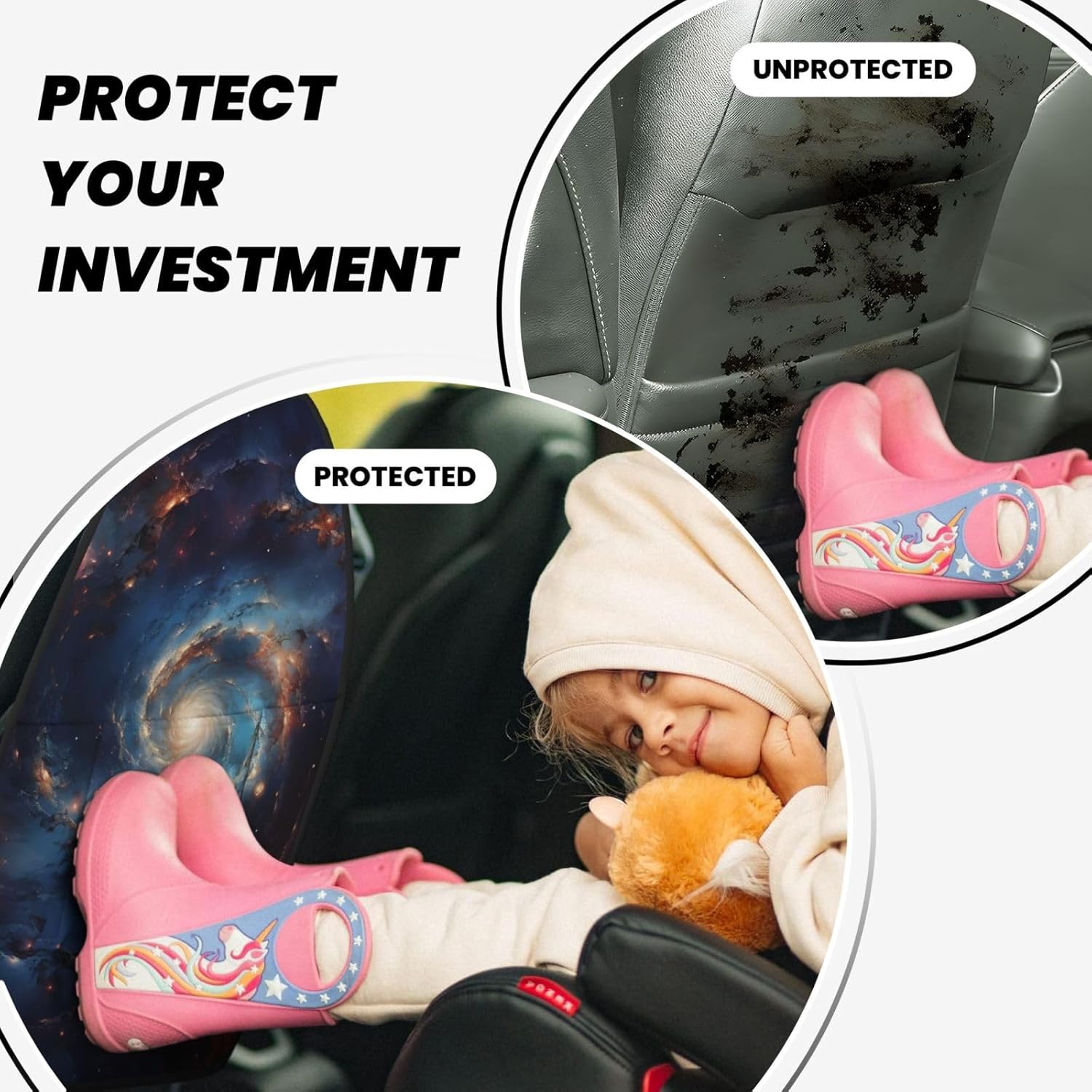 Car Seat Back Kick Protector 2 Pack 18.5" x 26.4", Realistic Spiral Galaxy with Orange & Blue Cosmic Clouds Upgraded Large Rear Seat Cover for Dirty Shoes Kids Pets, Waterproof Oxford Fabric A