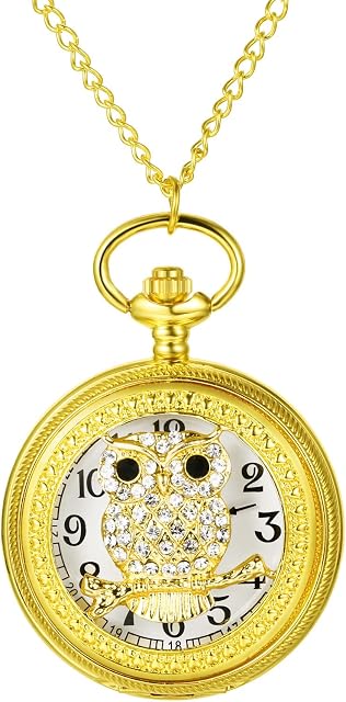 JewelryWe Vintage Pocket Watch Novelty Owl Locket Pendant Watch Steampunk Quartz Necklace Watch with 31.5 Inch Chain for Xmas