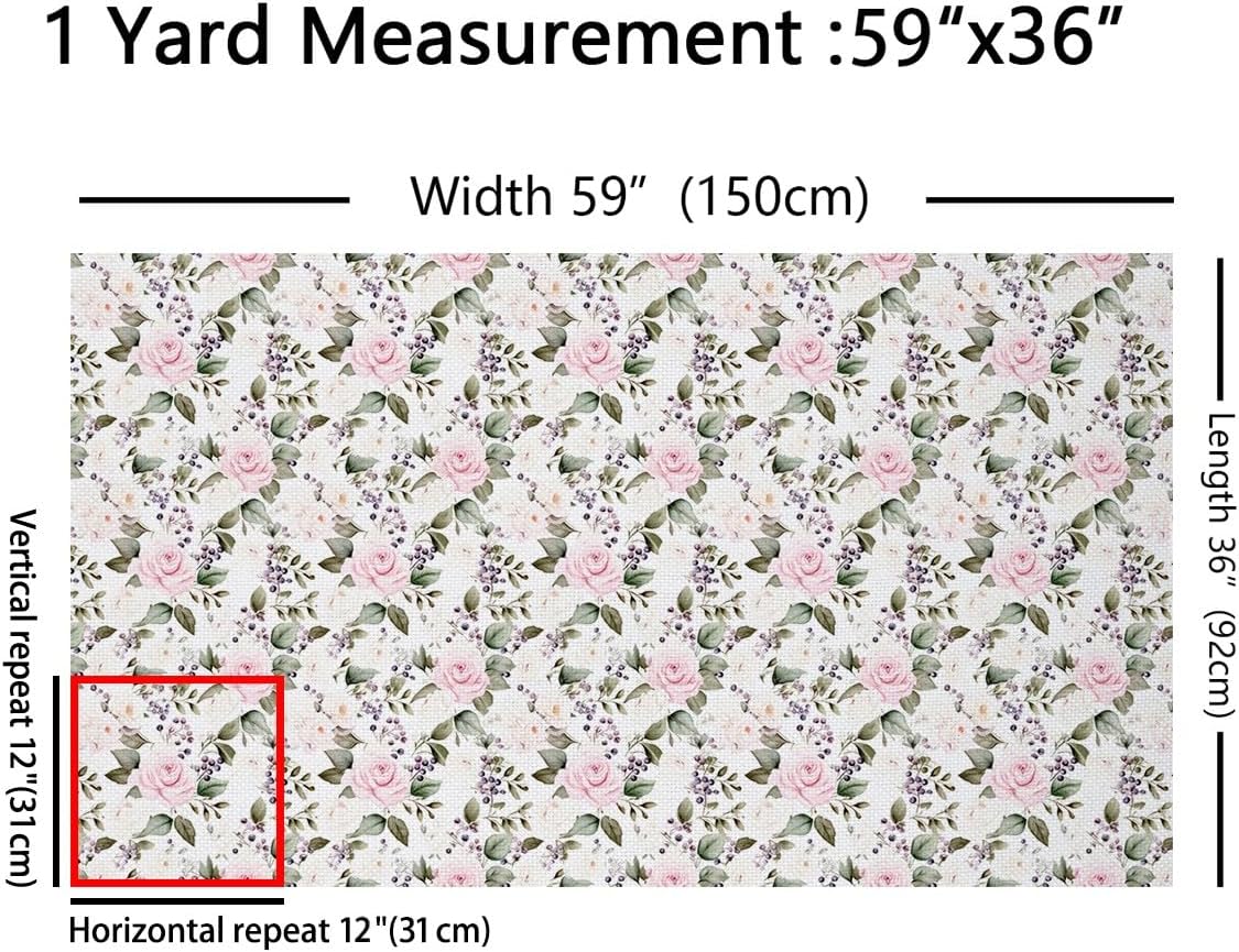 Pink Rose Fabric By The Yard,Watercolour Floral Upholstery Fabric,Green Leaf Flower Decorative Fabric,Spring Botanical Garden Rustic Indoor Outdoor Fabric for Kids Girls,Craft Patchwork DIY 10 Yards