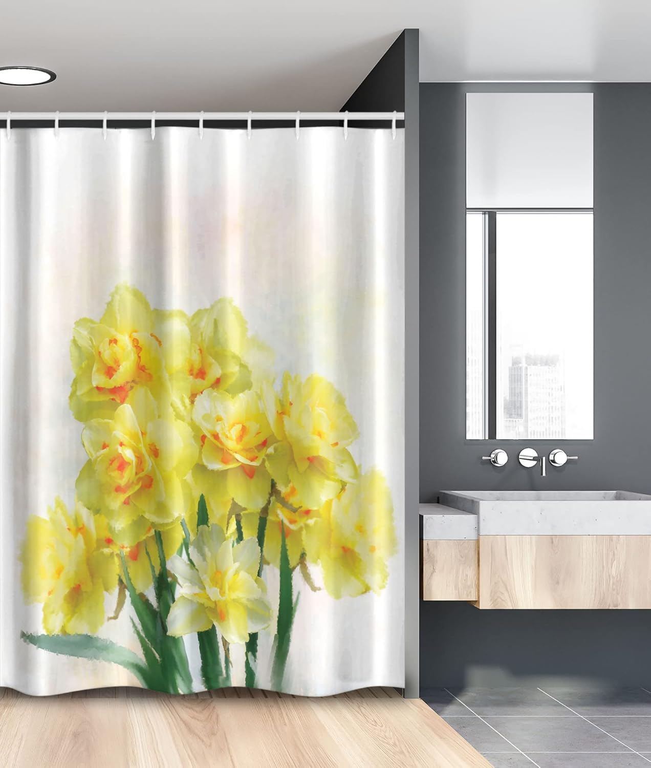 Ambesonne Daffodil Stall Shower Curtain, Digital Watercolors Paint of Daffodils Bouquet Called Jonquils in England Lily, Fabric Bathroom Decor Set with Hooks, 54" W x 78" L, Yellow Green