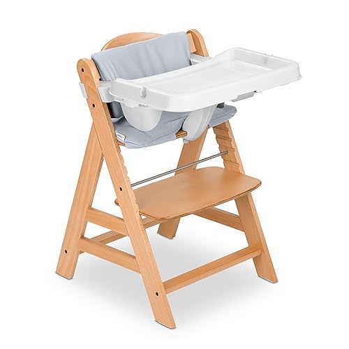 Miniatura 10 de hauck AlphaPlus Grow Along - Silla alta de madera con mesa extraíble gris y cojín de asiento de lujo para bebés de 6 meses en adelante