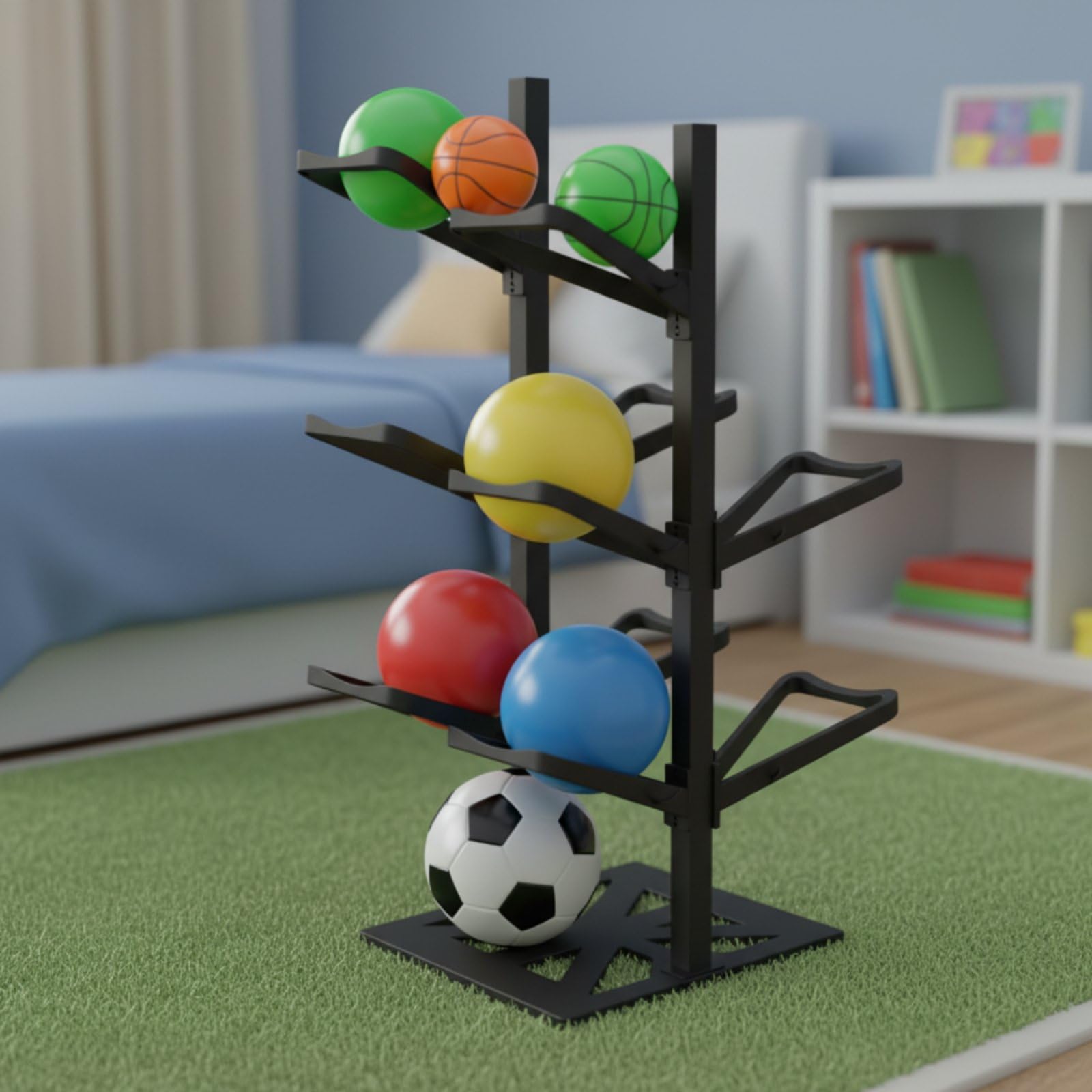 Estante de Balones Organizador Soporte de Pelotas Torre de Almacenamiento Carro de Balones Acero y Resistente con Base Estable y Ganchos Laterales Adecuado para Hogar Garaje Sala de Juegos