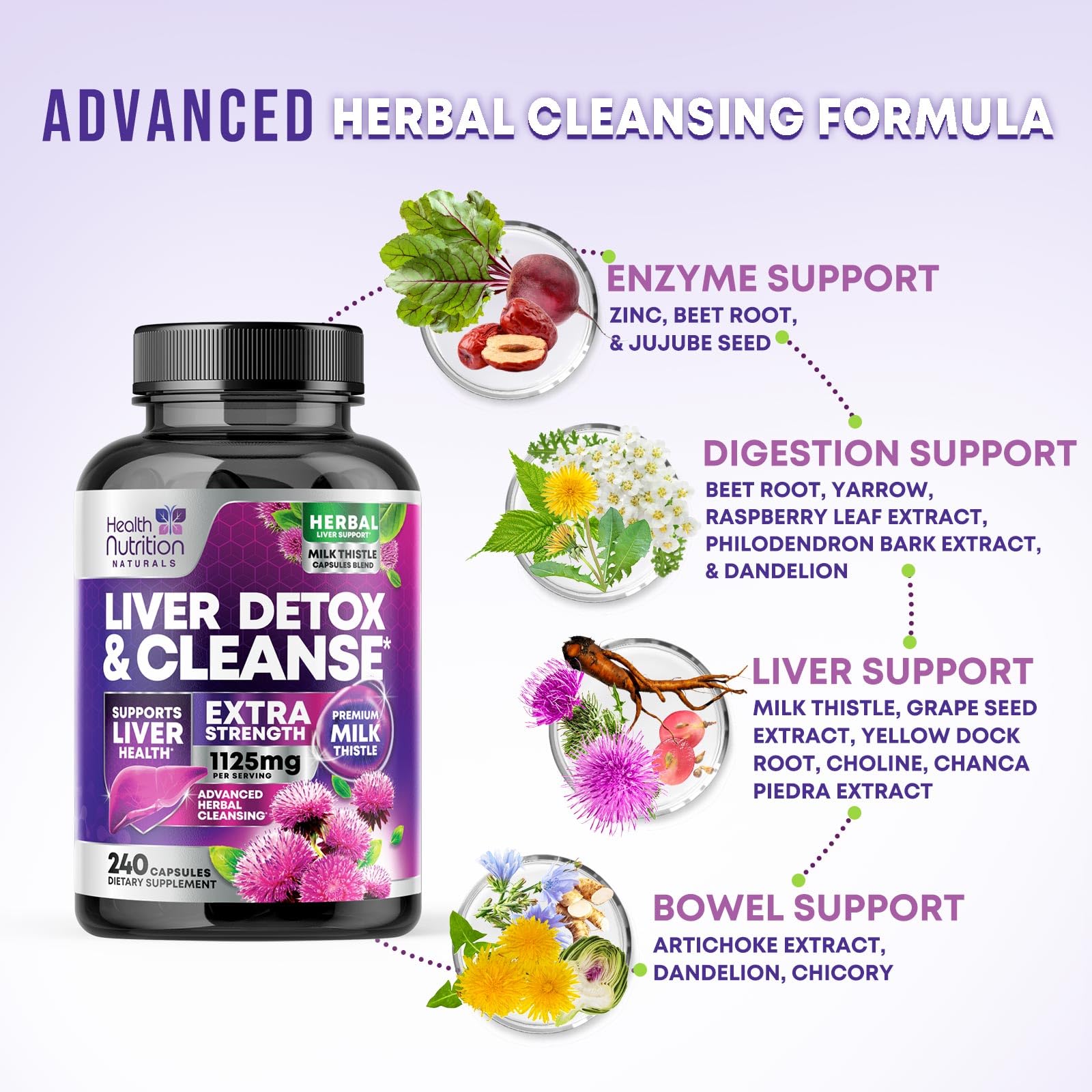 Liver Cleanse Detox & Repair Supplement - 1100mg Herbal Liver Complex - Milk Thistle with Silymarin, Dandelion, Artichoke Extract, Turmeric & Beetroot - Natural & Gentle Liver Support - 240 Capsules — Amazon image 7