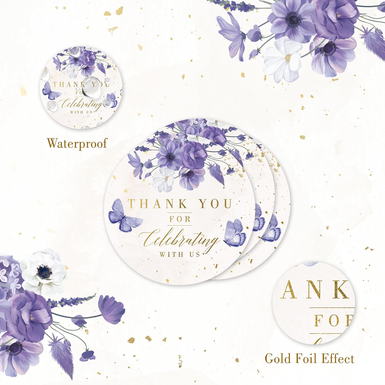 Mobiusea Creation Purple Floral Thank You for Celebrating with Us Stickers | Gold Foil Wedding Favor Stickers | 60pcs Waterproof 2" Thank You Labels for Baby Shower, Bridal Shower, Parties image 4