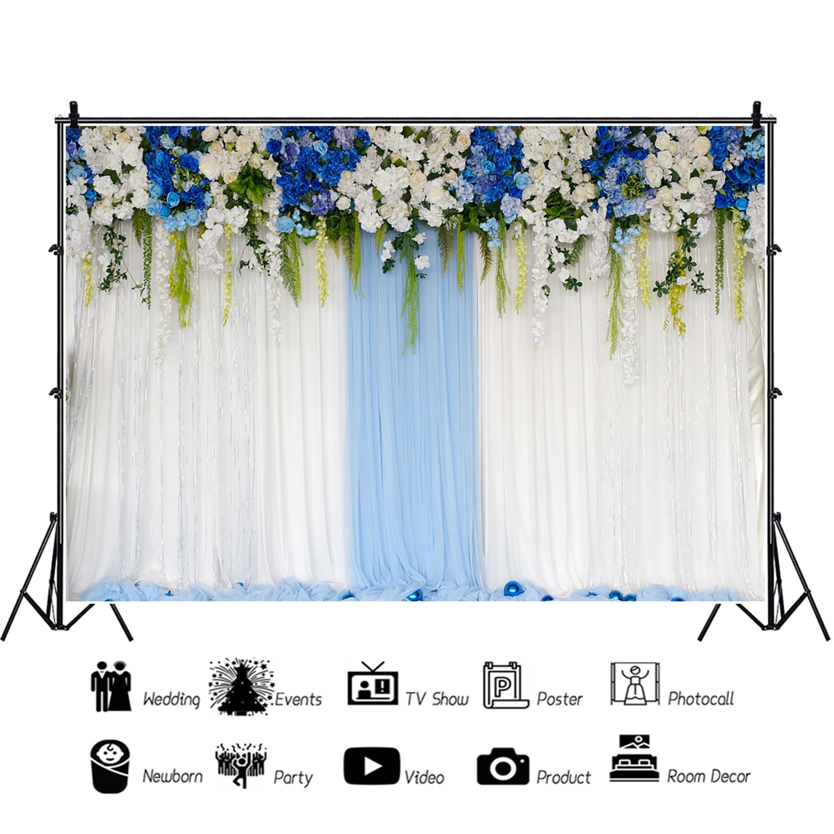 3x2m Hochzeit Hintergrund Party Hintergrund Blaue Blumen Vorhang Empfang Zeremonie Fotografie Hintergrund Kuchen Dessert Tisch Banner Portrait Studio Requisiten, Vinyl