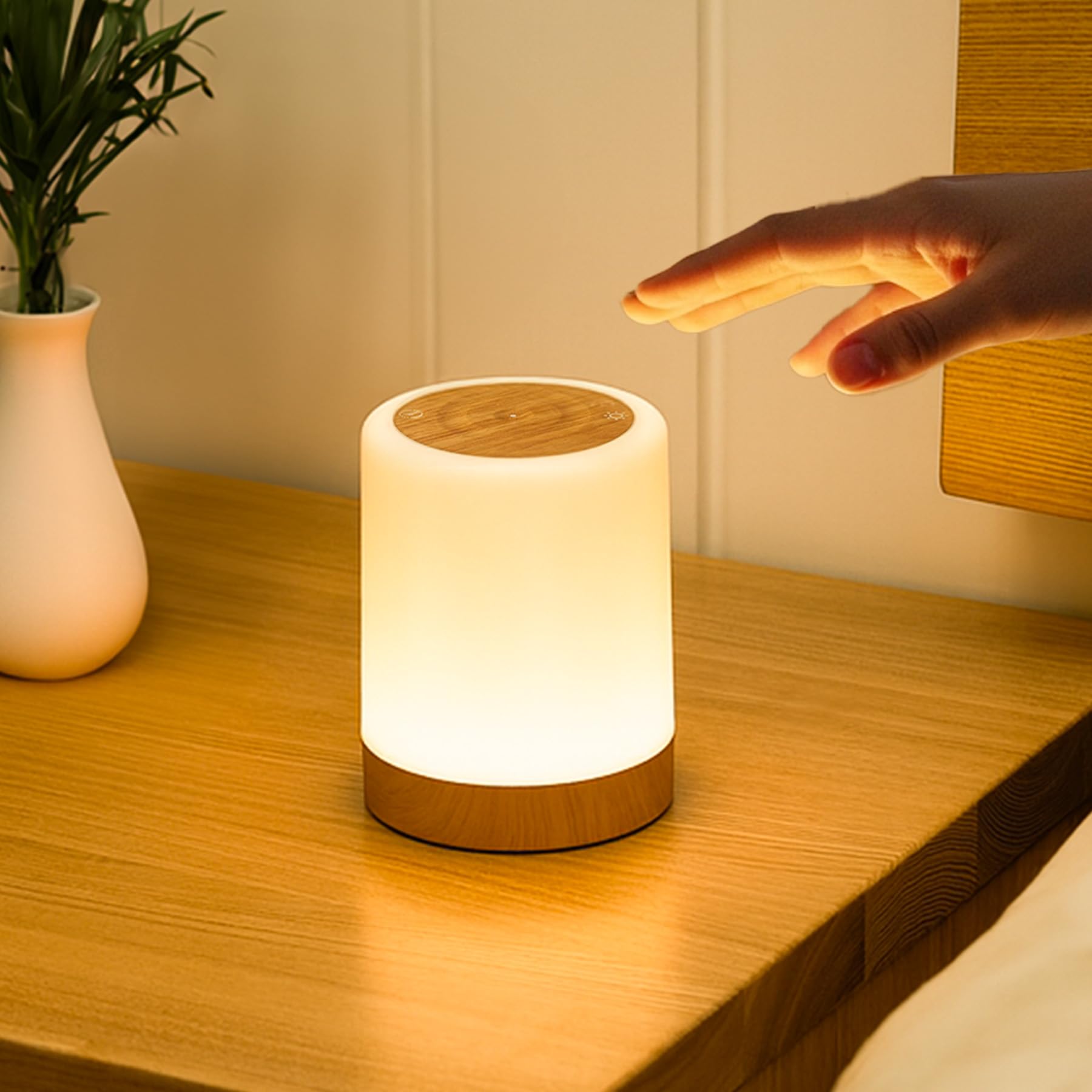 Dorifun Nachttischlampe Touch Dimmbar mit Farbwechsel & 3 Modi, USB Aufladbar LED Tischlampe Kabellos Akku mit Timing, Baby Nachtlicht Kinder Holzmaserung für deko Schlafzimmer Wohnzimmer Geschenke