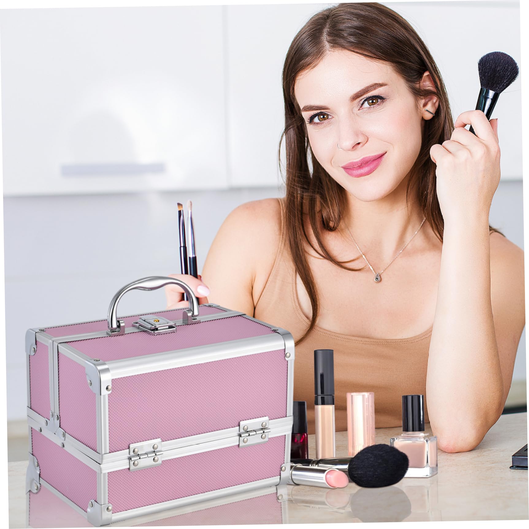 Boxep Box con specchio 7x7x9 in organizzatore di casse al trucco estendibile portatile a 3 strati con stoccaggio di trucco a blocchi per cosmetologo di viaggio