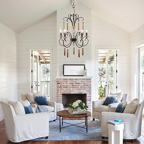 Miniatura 6 de Candelabro de campo francés, lámpara de madera rústica con brazo de flor, 5 luces hechas a mano, color blanco envejecido, lámpara de araña para