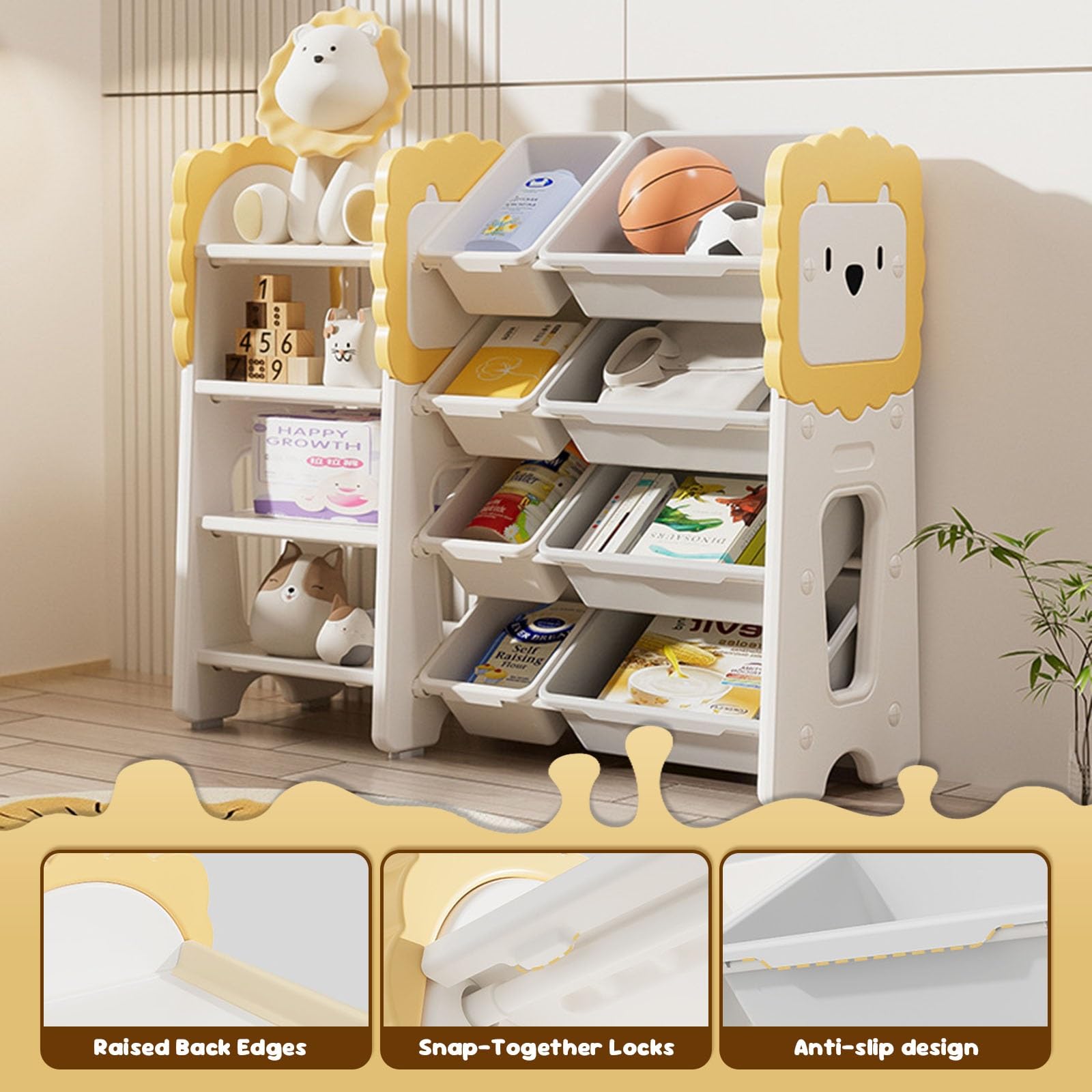 Contenitore per Giocattoli con Scaffale Soluzione D'arredo per la Stanza Dei Giochi con 3 Ripiani e 6 Contenitori per Giocattoli Mobile Contenitore per Bambini(Yellow)