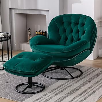 Accent Swivel Chair, Velvet Lounge Chair with Ottoman Footrest and Button Tufted Backrest Armrest, Modern Living Room Chair with Thicken Cushion Seat and Round Metal Base for Home Office, Dark Green