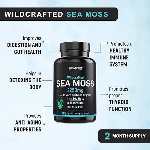 Miniatura 5 de Cápsulas de musgo marino orgánico certificado, 2250 mg de musgo marino irlandés silvestre, suplemento de raíz de bardana, píldoras de masa marina