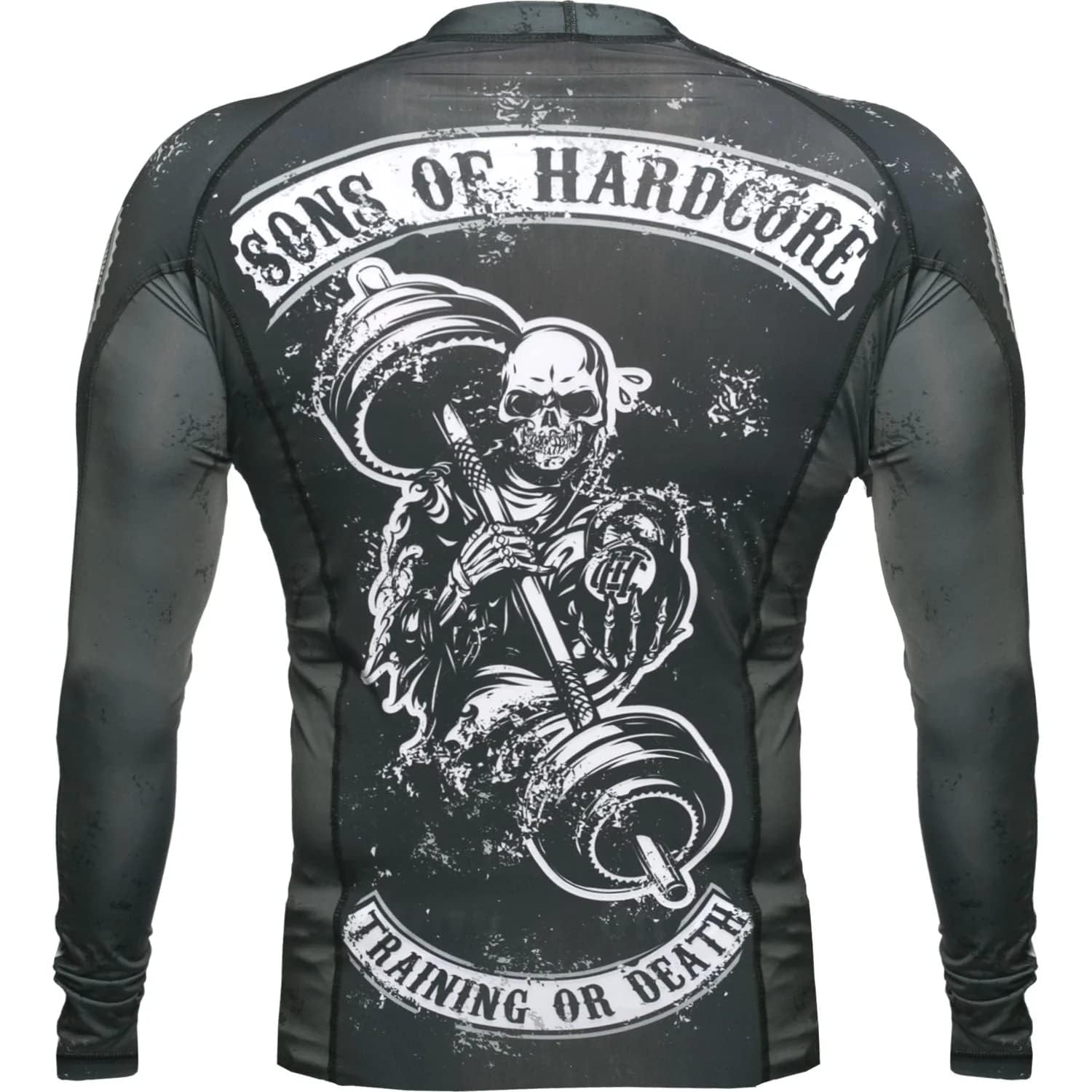 Hardcore Training Rash Guard Mężczyźni Kompresja Koszulka Długi Rękaw BJJ MMA No-Gi Obcisła Grappling Boks (DE/NL/SE/PL, Alfa, M, Regularny, Regularny, Black White Dark Grey)