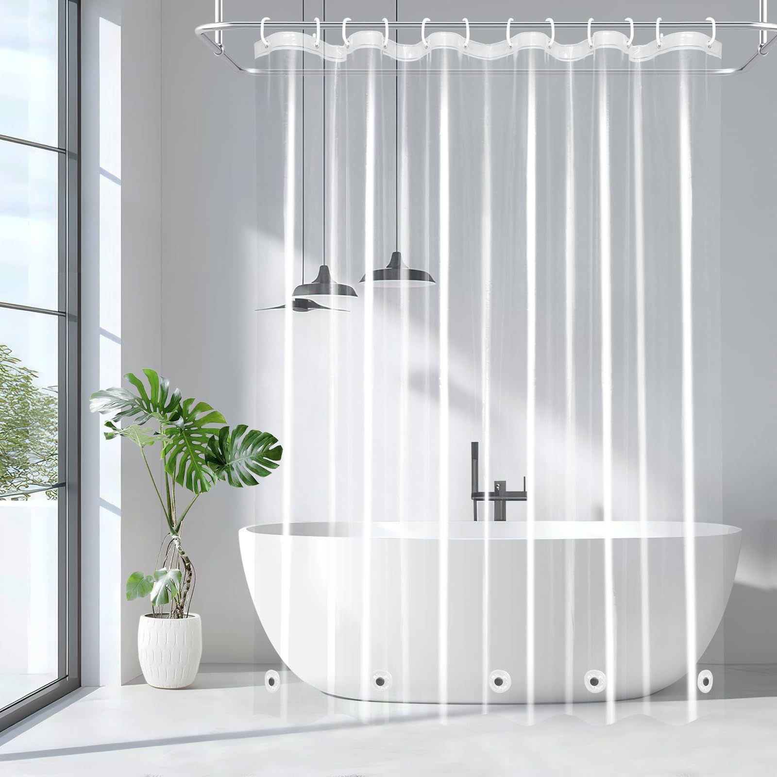 EurCross 9G Clear Shower Curtain Liner 72 x 78 inches Long with 5 Magnet Weights, Heavy Duty Weighted Premium PEVA Plastic Shower Curtain Liner with 12 Hooks for Bathroom