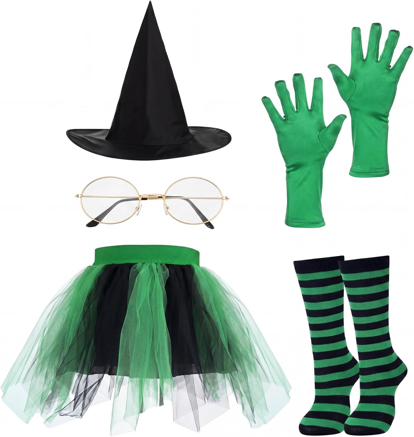 5 Pcs Witch Costume Accessories Witch Hat Tutu Skirts Glasses Long Gloves Striped Stockings for Halloween Movie Cosplay Party Outfits Green, Black