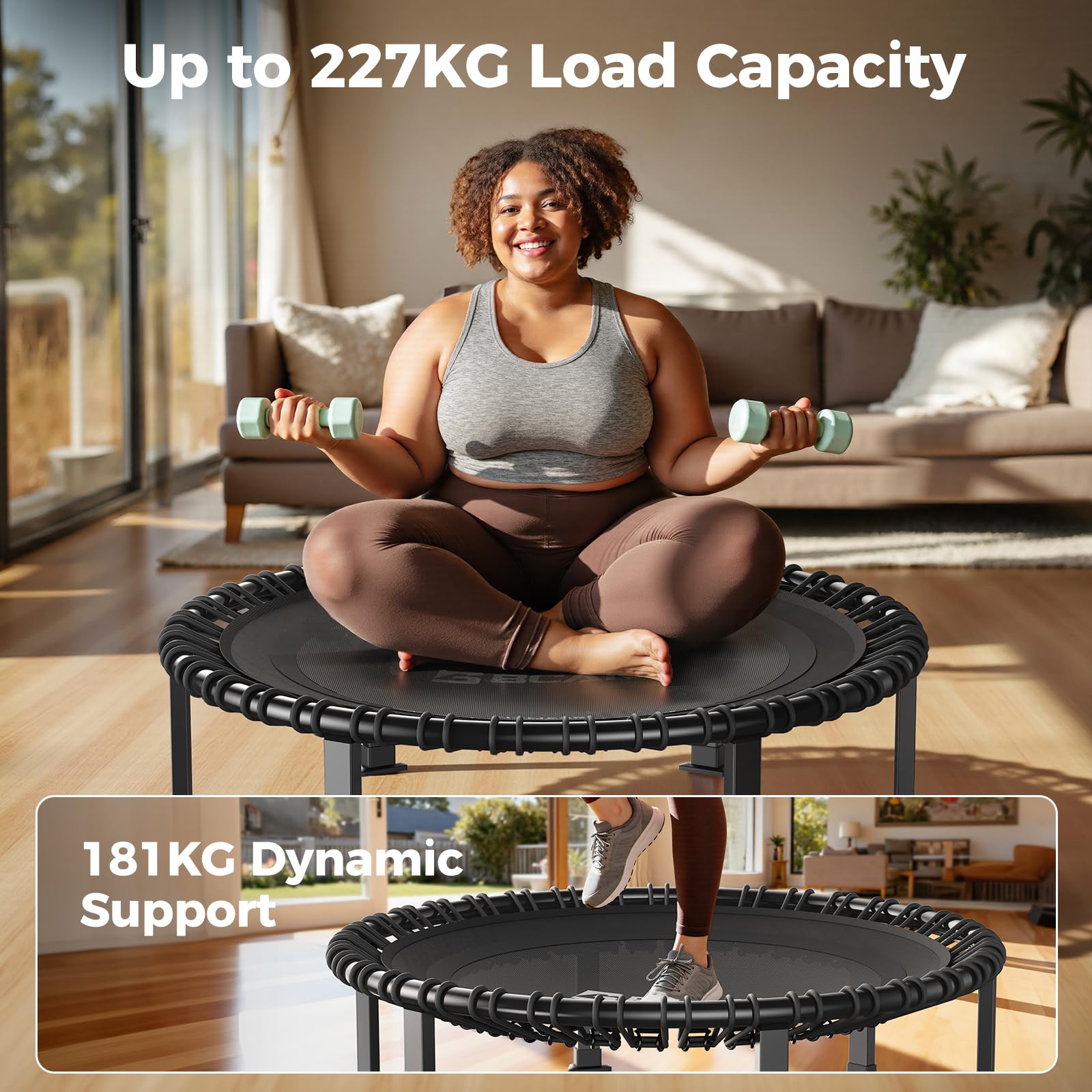 B BCAN BT4 102cm Soft Land Pro Bungee-Rebounder-Trampolin für Erwachsene,Tragkraft 227kg,Bungee-Seile& Griff mit Einstellbarer Spannung,einteiliger Rahmen (16 Gauge),Handyhalterung&Socken