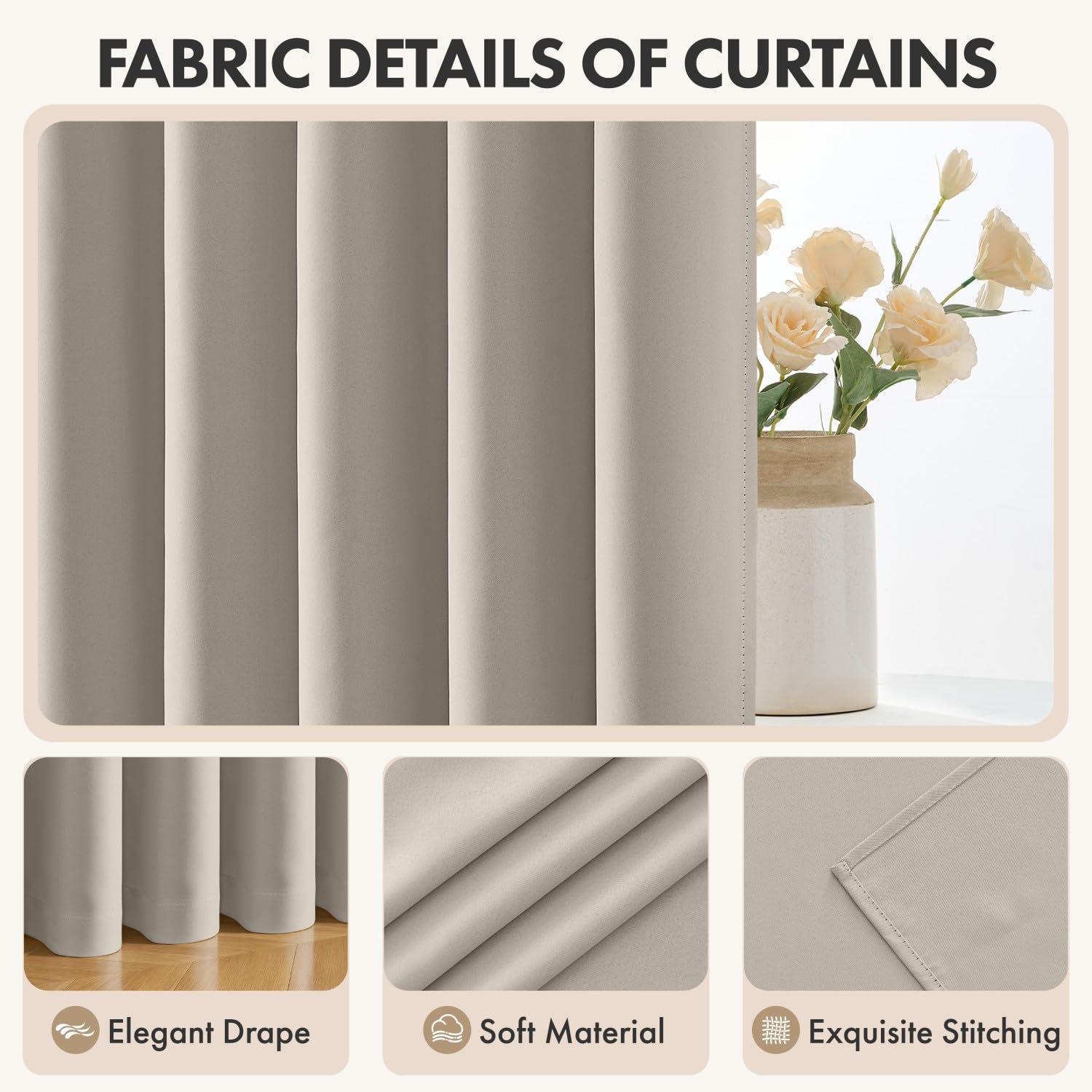 EMEMA Cortinas opacas con cinta fruncidora gris y beige opacas, 260 cm de largo, cortinas térmicas opacas para riel, cortinas para salón o dormitorio, cada uno de alto 260 x ancho 140 cm