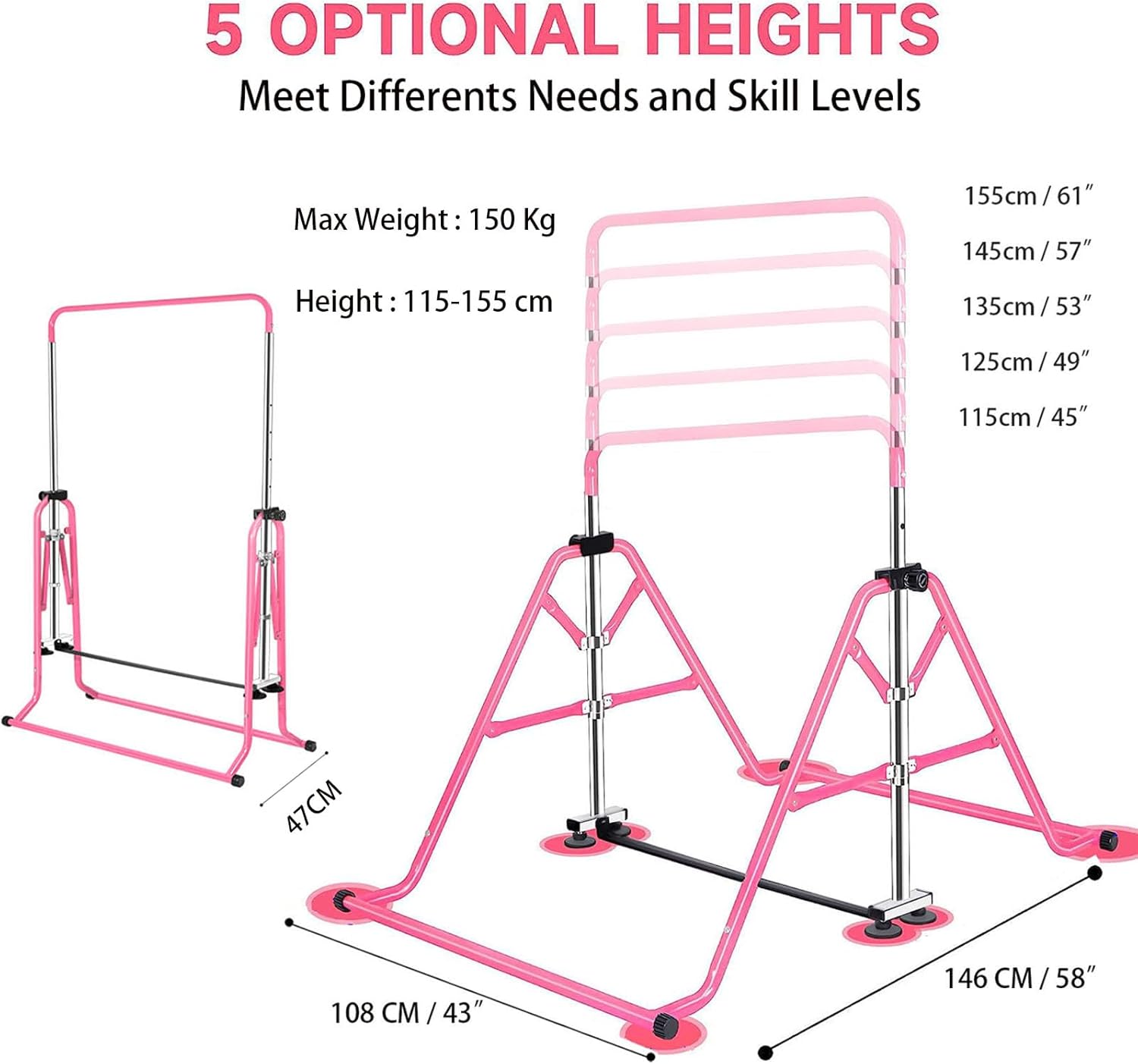 Gymnastics Horizontal Bar, Junior Training Kip Bar Gymnastics Equipment for Home, Adjustable Telescopic Height Folding Horizontal Bar with Gymnastic Rings for 3-12 Years Old Kids
