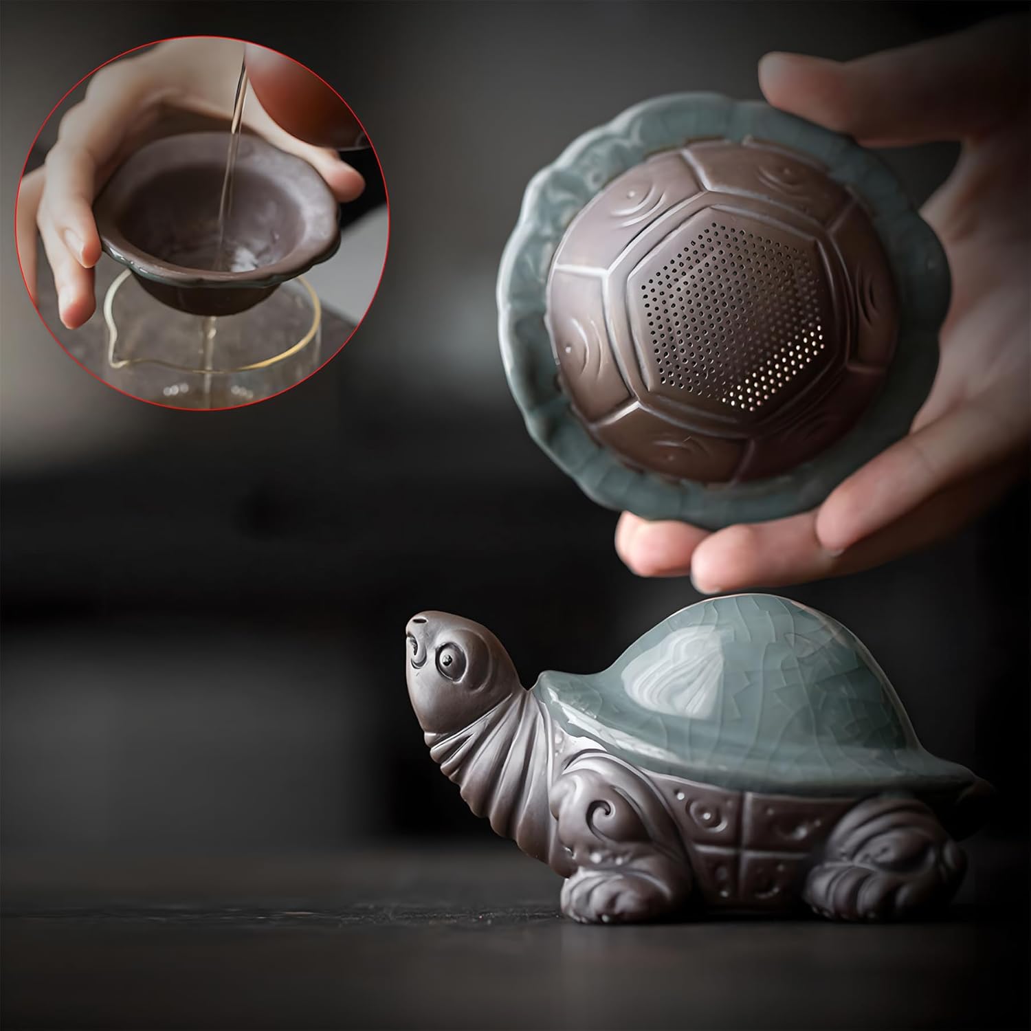 Ge Kiln Turtle Tea Pet: A Unique Porcelain Collectible with Turtle Shell Tea Strainer Included for Tea Tray Home Office Desk Feng Shui Decor Tea Lover's Gift (No Glass Pitcher)