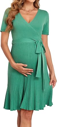 V FOR CITY Maternity Dress Baby Shower Dresses for Women Casual Pleated A Line Waistband Short Sleeve V Neck Knit Summer S-XL