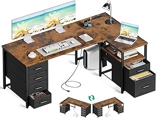 AODK パソコンデスク 引き出し6杯付き ゲーミングデスク コンセント付き l字デスク デスク 机 幅140 pcデスク 棚付き desk 収納 ワーク オフィスデスク 在宅勤務 仕事用 組立簡単 ビンテージ