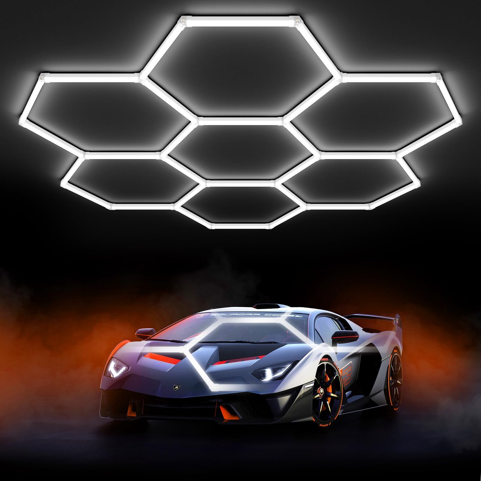 Hexagon Garage Light: Higher Brightness Lumens LED Honeycomb Ceiling Light, 7 Grids Systems 6500K,2.55x2.44m Grid Lighting for Garages, Gym, Car Detailing Shop,Auto Beauty Shop,Shopping malls (7-HEX)