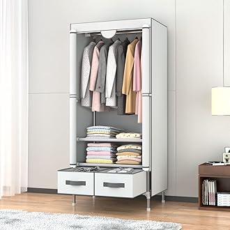 Bedroom Canvas Wardrobe with 2 Drawers, Portable Closet with Hanging Rail and Wardrobe Shelves, 75x45x170cm, Ash White