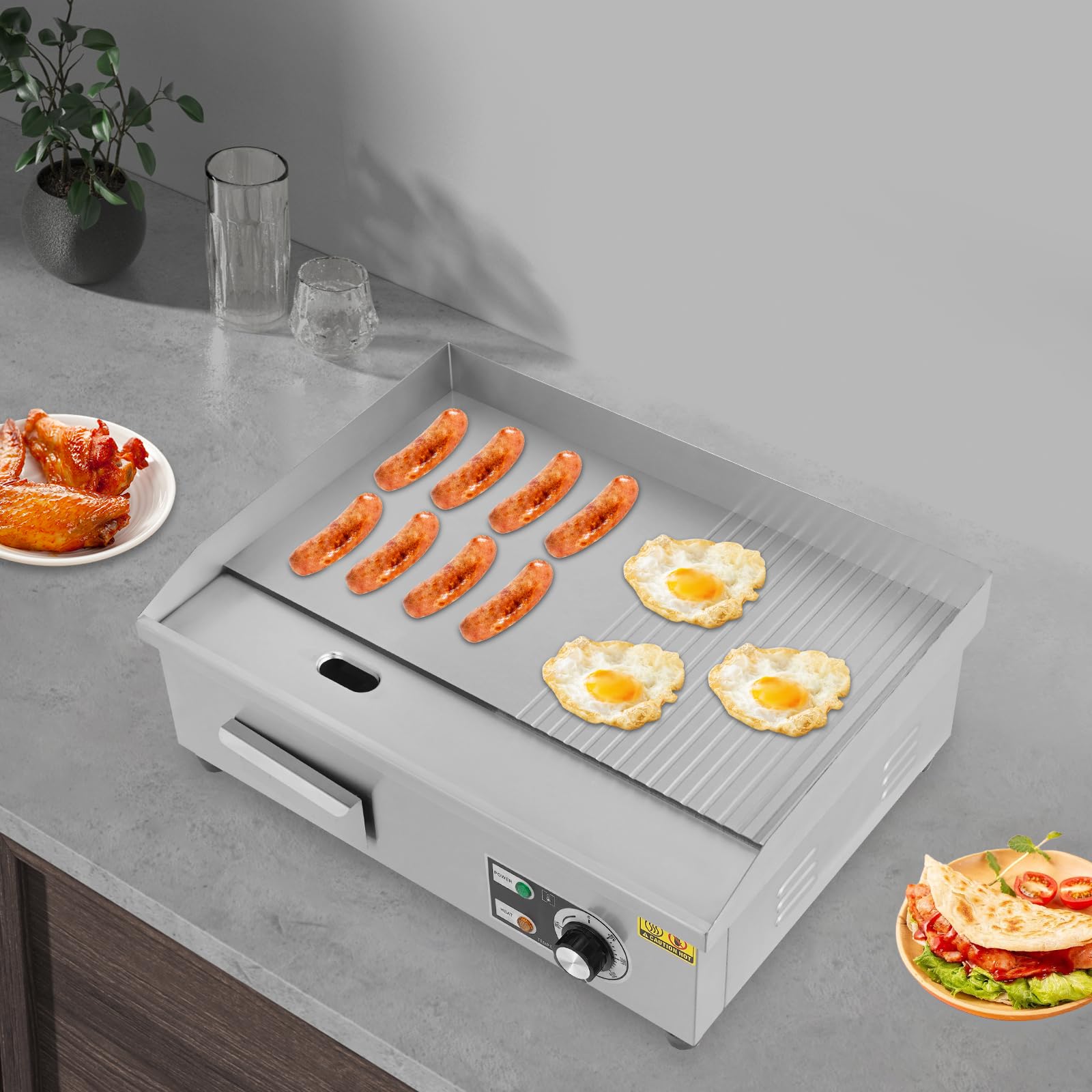 Barbacoa eléctrica comercial de 3000 W, 36 x 30 cm/30 x 18 cm, izquierda plana, rebajada a la derecha, parrilla semiplana de acero inoxidable para restaurante de carne, panqueques, control preciso de