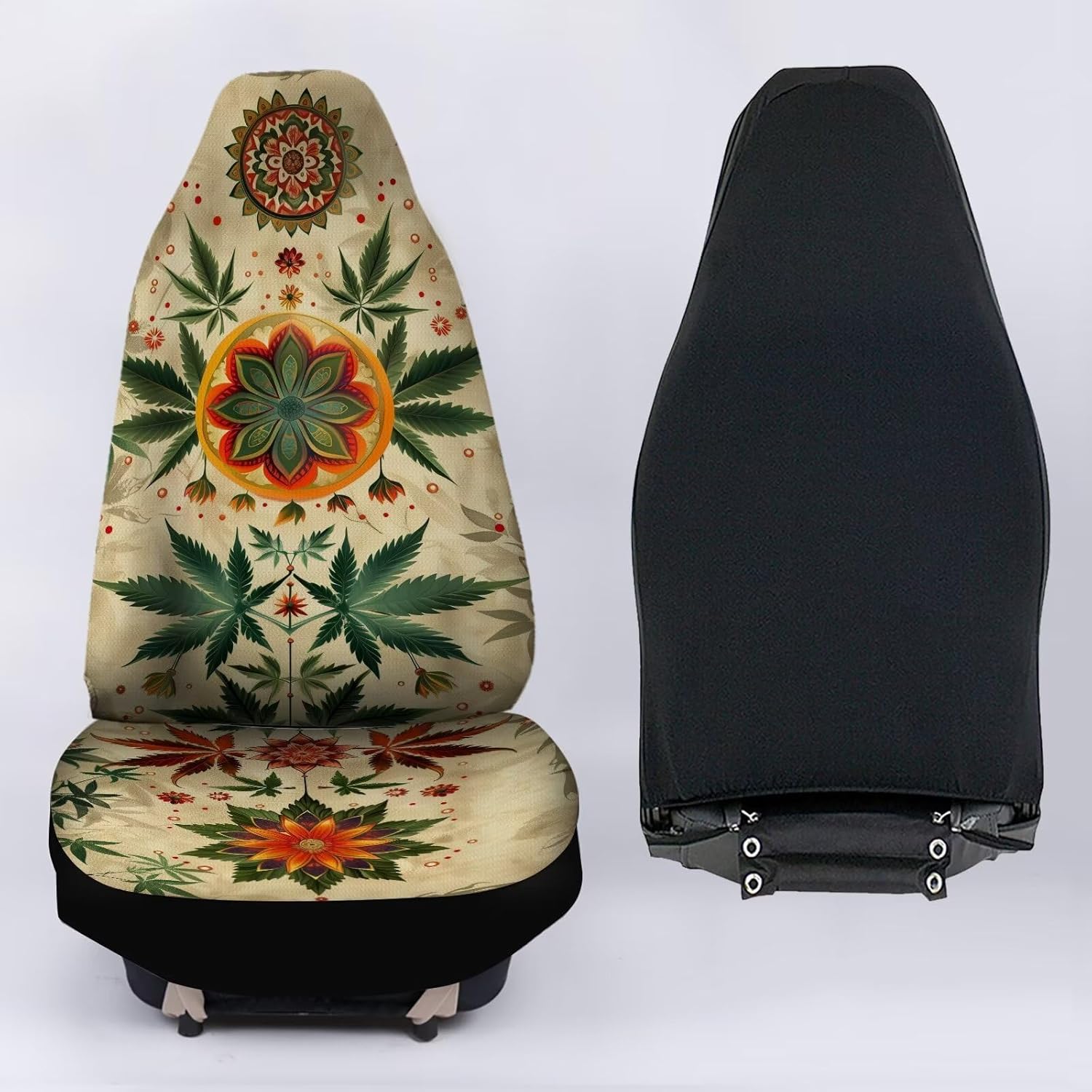 Universal Maple Leaf Boho Mandala Print Front Seat Cover Set of 2, Washable Soft Seat Protector, Vehicle Seat Protector Car Covers for Auto Sedan SUV Truck Auto Accessories